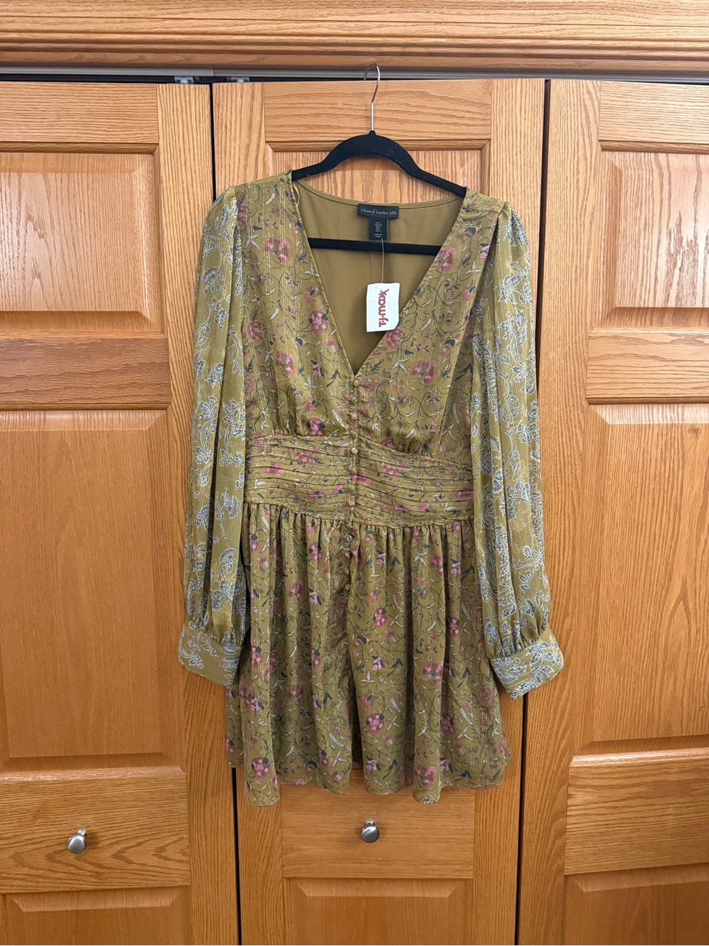 House of Harlow 1960 Olive Floral Long Sleeve V-Neck Dress